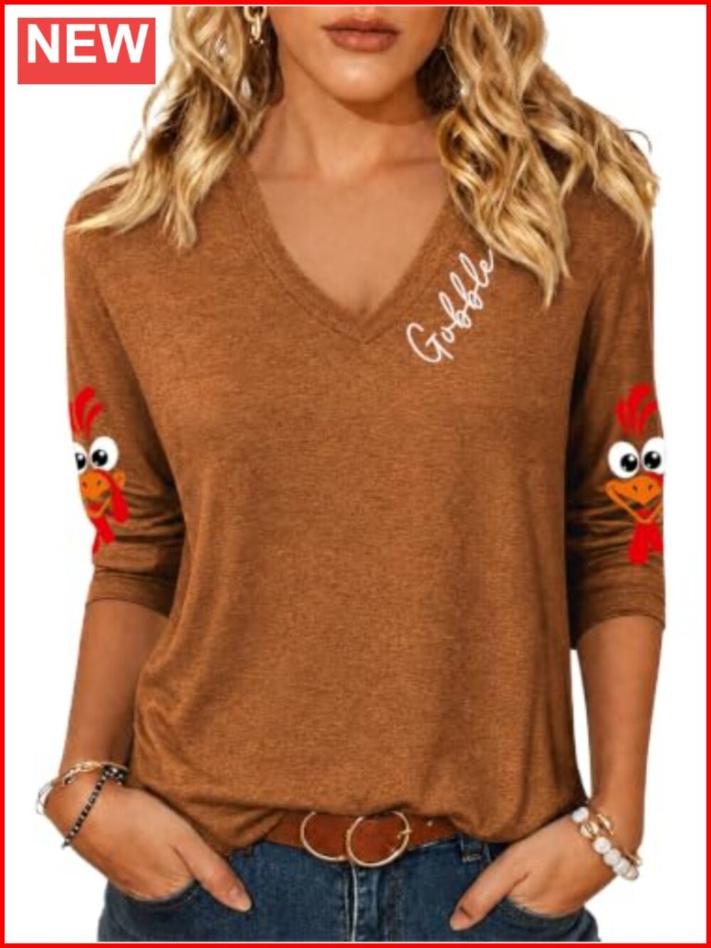 Thanksgiving Shirt Women 3/4 Sleeve V Neck Turkey Fall Tee